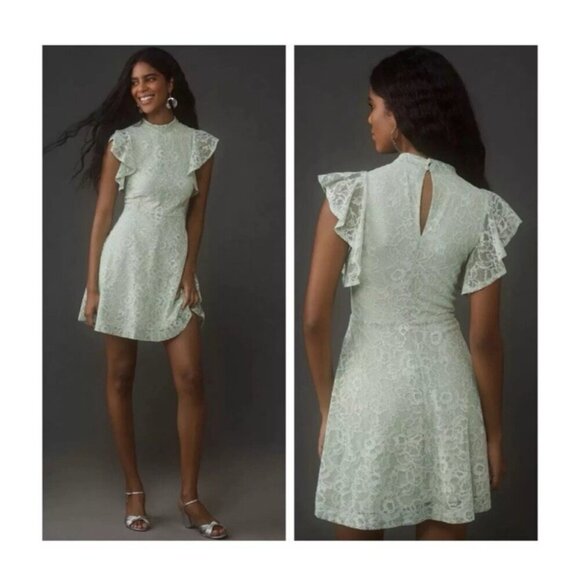 NEW ANTHROPOLOGIE MAEVE dress fit flare mini lace mock neck flutter mint LARGE - Picture 1 of 11